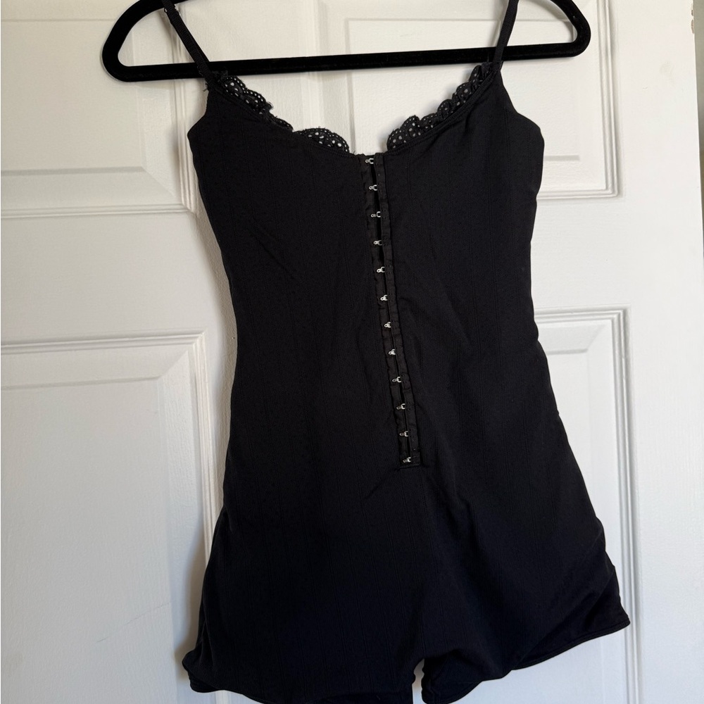 Frankie’s bikinis Elegant Black Lace-Trimmed Women's Romper
